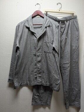 Garnet Hill Mens Flannel Pajama Set Organic Pima Cotton Gray Lounge 2pc Large